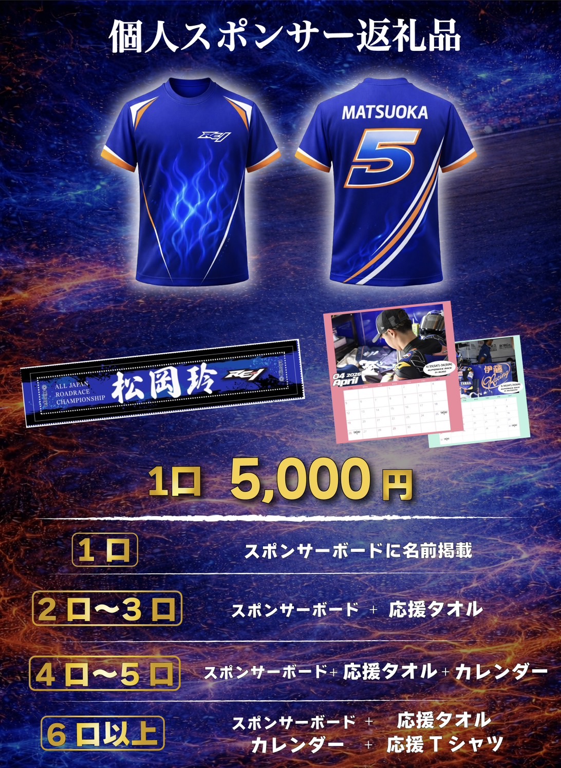 個人スポンサー返礼品（応援タオル・カレンダー・応援Tシャツ）